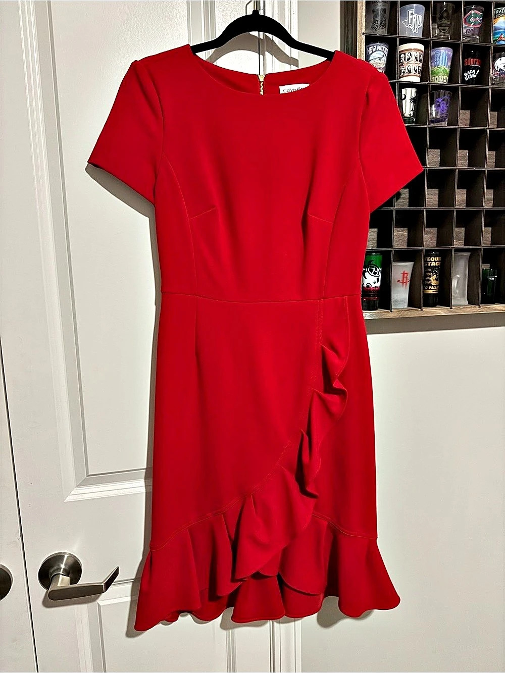 Calvin Klein Short Sleeve Ruffle Hem Midi Dress Red Size 4